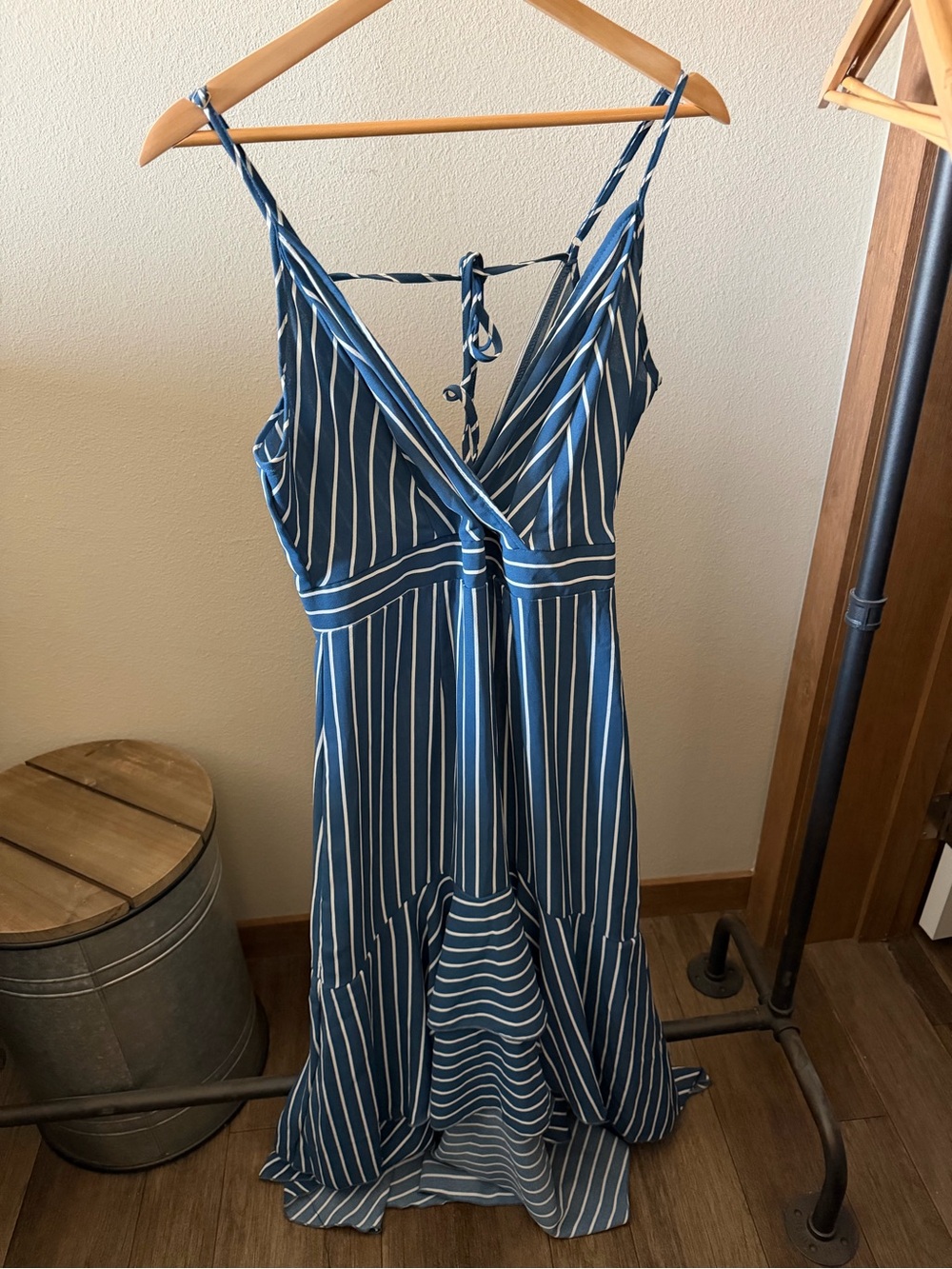 Blue Striped V-Neck Hi-Low Dress